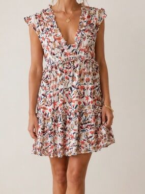 Banjanan Chandra Mini Dress Sleeveless Ruffle Floral Bird Size Medium